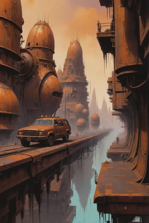 cars driving down a narrow street in a futuristic city