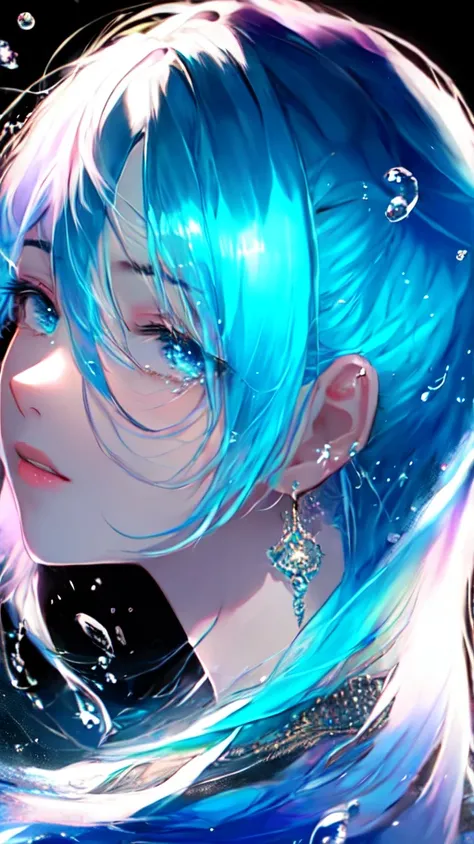 pixiv fashion , intricate details , cinematic lighting , dramatic shadows , limited palette, multicolored back graound, aqua theme, splash , delicate facial features , perfect face