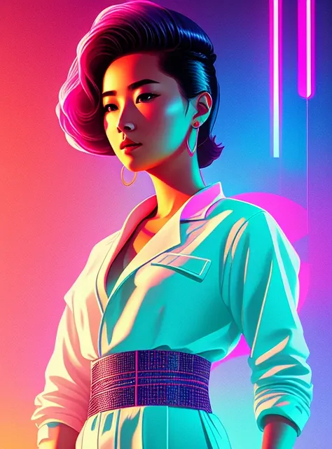 synthwave,  full body portrait of a beautiful young mongolian lady, short hair, (sci-fi:1.2), masterpiece, intense shadows, ambi...