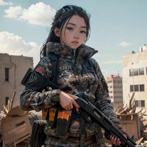 masterpiece, best quality, 1girl, shotgun,camouflage, trigger discipline, destroyed city background , <lora:shogunV2-000005:1>