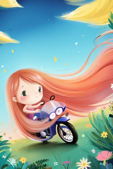 lucy fleming, chibi, (super long hair:1.3), flowing flower, wind, pastel color, 
illustration, 2d, lineart, 
a girl riding a motorcycle,  sprind, willow trees, 
  <lora:lucyfleming11-02:1.01>