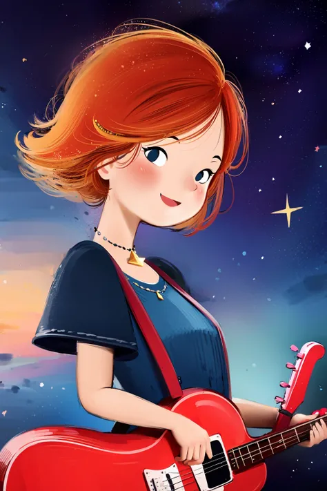lucy fleming, 
illustration, 2d, lineart, 
JULIA, short hair, blue eyes, red hair, 1girl, smile, ((solo)), open mouth, star, brown hair, dress, blush, jewelry, hair ornament, instrument, guitar, :d, skirt, necklace, (graphic t-shirt with a denim or leather...