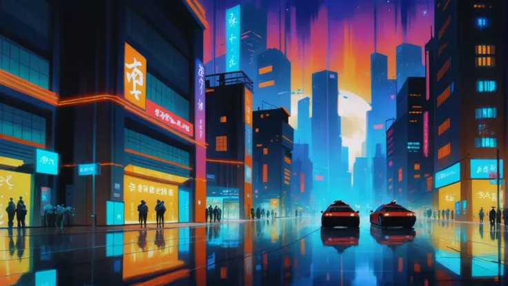 a painting of a city street with neon lights and people walking