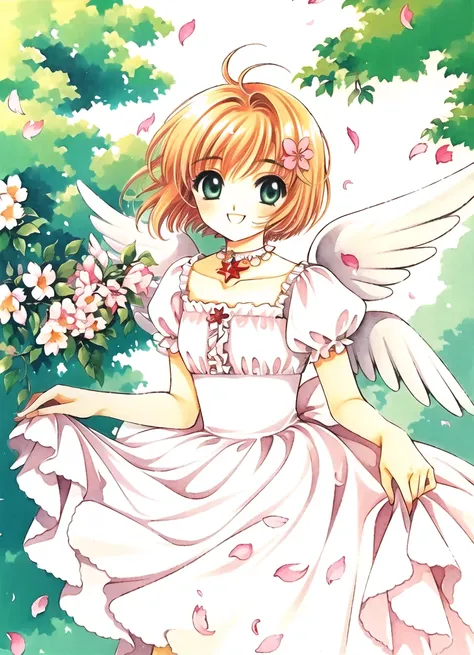 clamp (circle)<lora:clamp__circle__offset:1.2>  , masterpiece, watercolor, 1990s (style), 1girl, :d, antenna hair, brown hair, cherry blossoms, choker, closed mouth, dress, female, flower, formal, frilled dress, frills, green eyes, hair flower, hair orname...