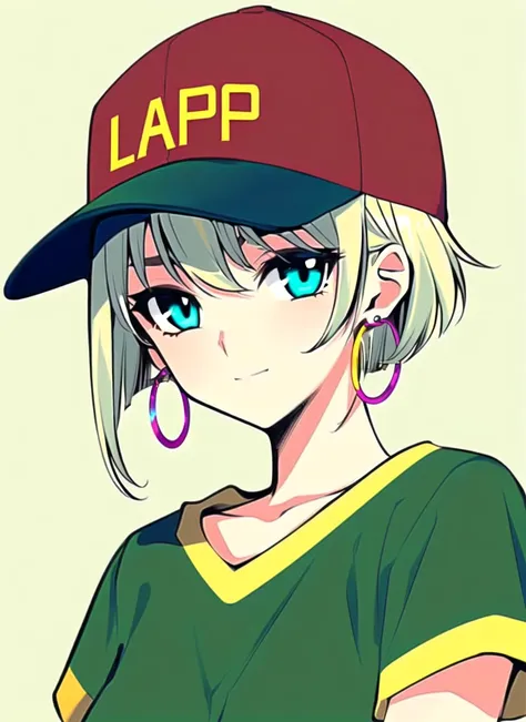 clamp (circle)<lora:clamp__circle__offset:1>,  masterpiece, best quality, 1girl, aqua eyes, baseball cap, blonde hair, closed mouth, earrings, green background, hat, hoop earrings, jewelry, looking at viewer, shirt, short hair, simple background, solo, upp...