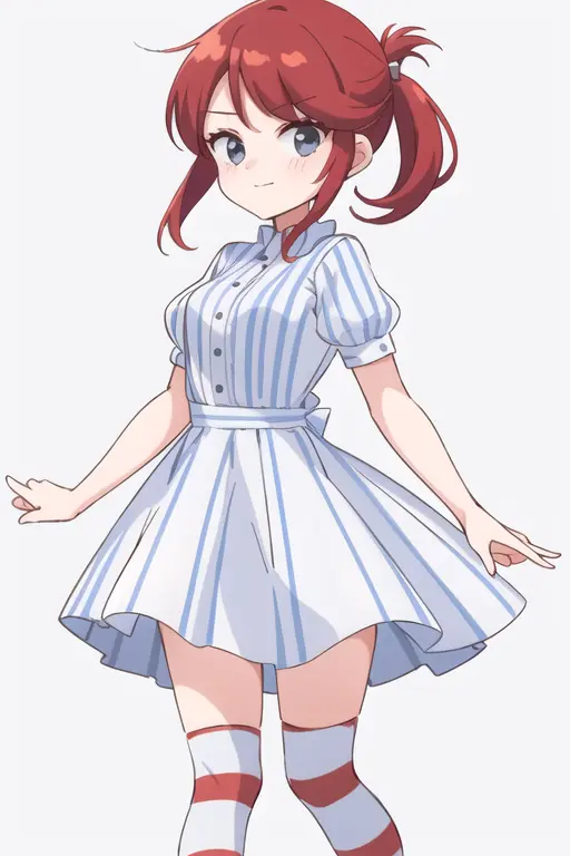 1girl,  <lora:wendyw:0.7>,  wendyw, striped socks, white and blue dress, red hair