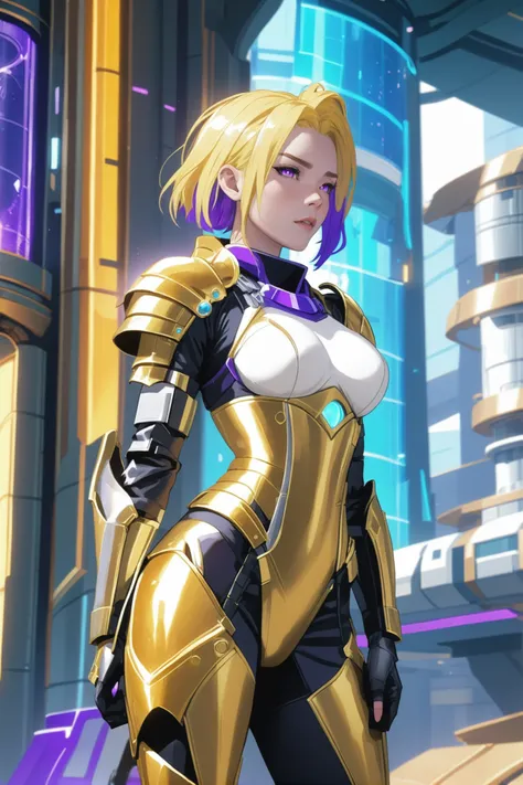 optimistic utopian brutalism, cinematic color grading, anime style, <lora:EnvySendNoodzXL01:-1>1girl, woman, arctic warpriest lord, armor, pauldrons, bombshell hair, glowing goldenrod hair with purple highlights, Asymmetrical Bob, toned hourglass figure, c...