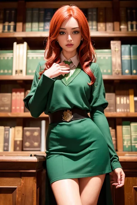 (hogwarts:1.4), (slytherin:1.3), 1 witch, in the library, in tight lace school uniform, witchcraft, potion cauldron,(vertical ch...