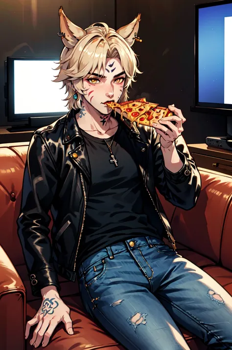 anime - style image of a woman sitting on a couch eating a slice of pizza