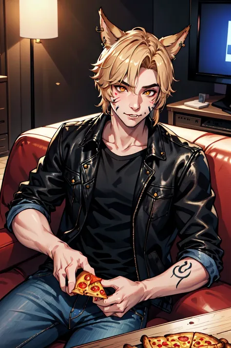 anime guy with cat ears eating pizza on a red couch