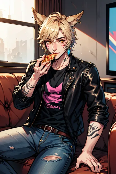 anime - style illustration of a man eating pizza on a couch