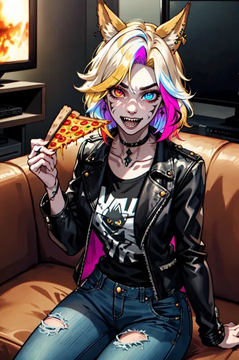 a close up of a person sitting on a couch with a pizza