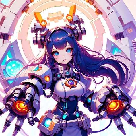 <lora:grabbygrills:0.68>, grabbygrills,  beautiful  chibi woman with  (oversized:1.24) (mechanical gauntlet fists), nurse outfit, in hyperspace, (perfect face, perfect hair:1.24), soft lighting <lora:magepunk:1> magepunk, scifi, geometric, aura, halo