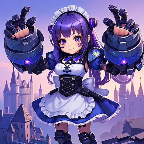 <lora:grabbygrills:0.6>, grabbygrills,  chibi girl with  (oversized mechanical gauntlets:0.65), blue maid outfit, purple hair, castle background