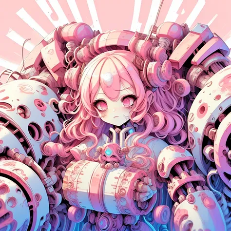 <lora:grabbygrills:0.95>, grabbygrills,   chibi (hypnotic demon mecha with  oversized:1.24) (mechanical gauntlet fists),  red skin, red hair, in hyperspace, (perfect face, perfect hair:1.2), (pastel light pink and white background:1.3), soft lighting,    <...