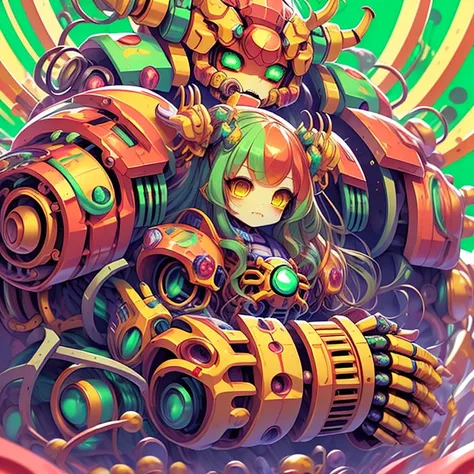 <lora:grabbygrills:0.95>, grabbygrills,   chibi (hypnotic demon mecha with  oversized:1.24) (mechanical gauntlet fists),  red skin, red hair, in hyperspace, (perfect face, perfect hair:1.2), (yellow and green background:1.3), soft lighting,    <lora:Bimbus...