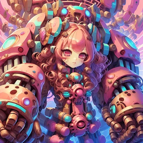 <lora:grabbygrills:0.95>, grabbygrills,   chibi (hypnotic demon mecha with  oversized:1.24) (mechanical gauntlet fists),  red skin, red hair, in hyperspace, (perfect face, perfect hair:1.2), (pastel light pink and brown background:1.3), soft lighting,    <...