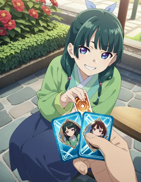 anime girl holding up a card with two pictures of her