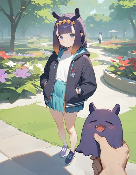 anime girl in a blue skirt and a black jacket standing next to a purple cat