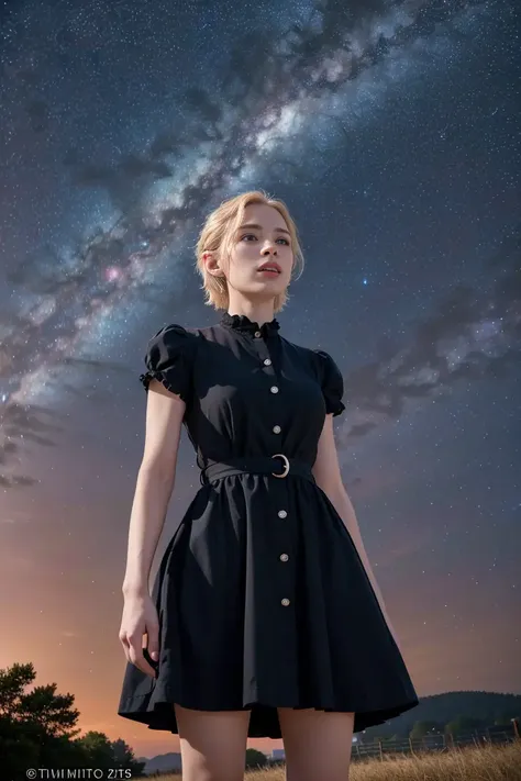 a woman standing in a field with a sky full of stars