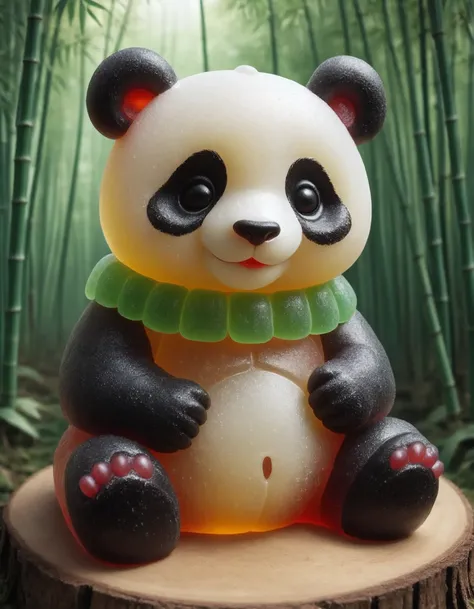 made of gummi, cute panda, bamboo forest, sitting, front view, close view, good face, best quality  <lora:GummiRay:1> GummiRay