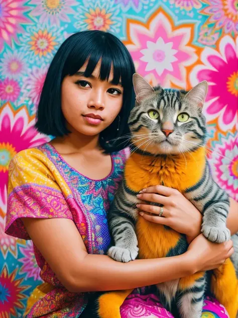 raw photo, a psychedelic dream vision of a tiny (mixed (indonesian) and (portuguese)) woman with short bangs haircut wearing col...