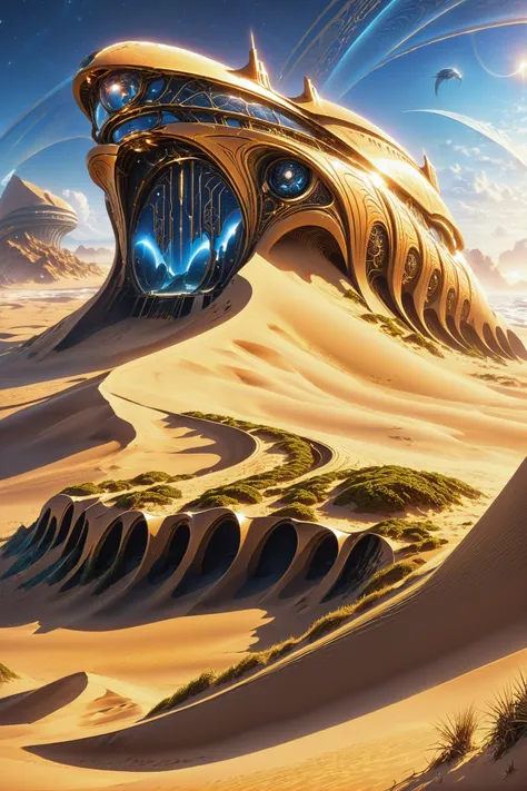 a painting of a futuristic looking structure in the desert