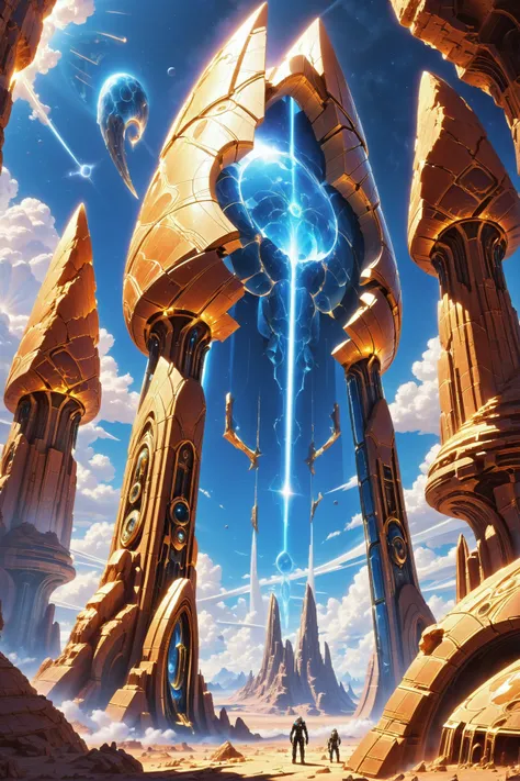 a painting of a futuristic city with a giant tower and a giant star