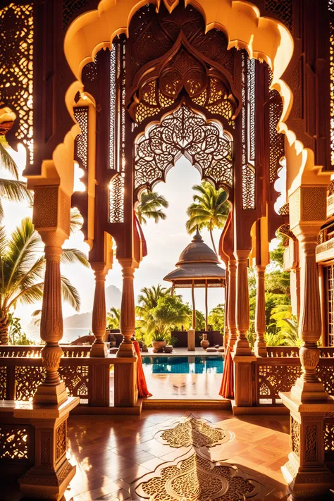 a view of a gazebo with a pool and palm trees in the background