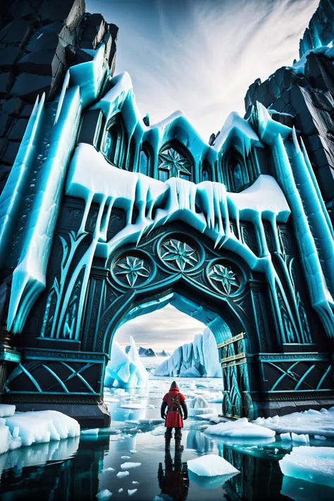 a man standing in front of a frozen gate with ice on it