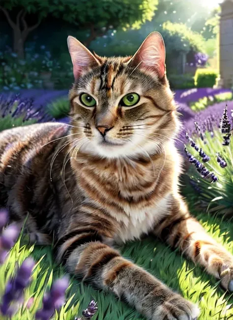 masterpiece, best quality, closeup painting of a (nkoctst in a garden surrounded by lavender), extremely detailed, sun rays shining through fur, by craig mullins, greg rutkowski, golden hour, green eyes <lora:epiNoiseoffset_v2:1>