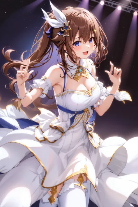 1girl, sora_dress, white dress, sleeveless dress, blue thighhighs, large breasts, hair flap, brown hair, blue eyes, hair ornament, star hair ornament, ponytail, hair ribbon, long hair, hair flaps, open mouth, looking at viewer, dress, detached collar, off ...
