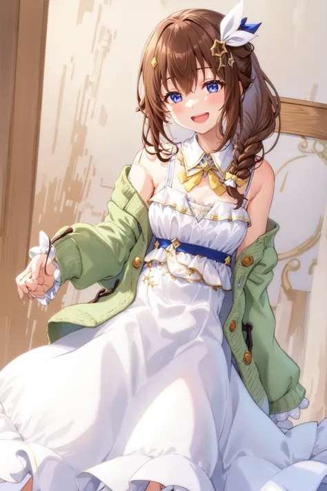 1girl, sora_dress, white dress, brown hair, blue eyes, hair ornament, star hair ornament, ponytail, hair ribbon, long hair, hair flaps, open mouth, looking at viewer, dress, green jacket, detached collar, off shoulder, bare shoulders, cowboy shot, indoor, ...