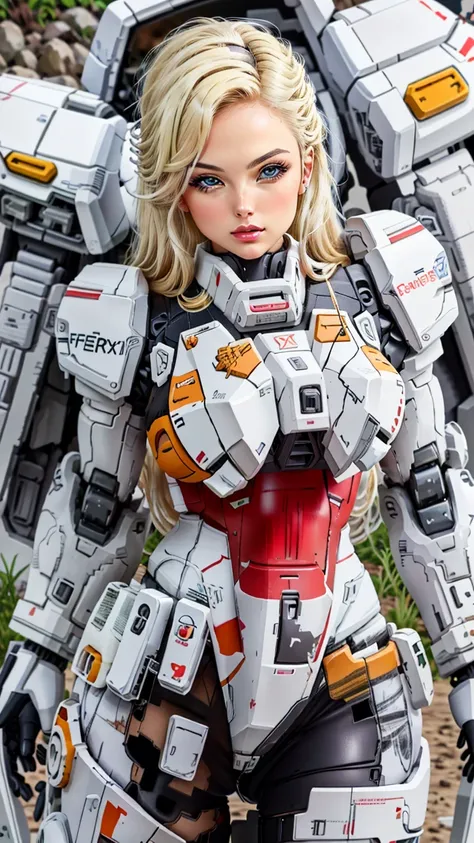 (gundam-rx78:0.8), ultra high res, best quality, photo, 4k, (photorealistic:1.4), 1girl, (quironSilviaSaintV1:1.2), solo, ( blond hair:1.3), (beautiful face, beautiful eyes:1.2), Big Bang, (wearing mecha armor:1.2), depth of field, motion lines, perky brea...