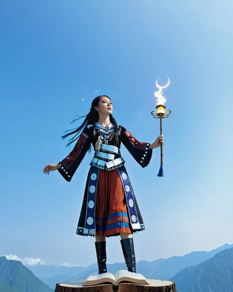 a woman in a traditional dress holding a torch on top of a mountain