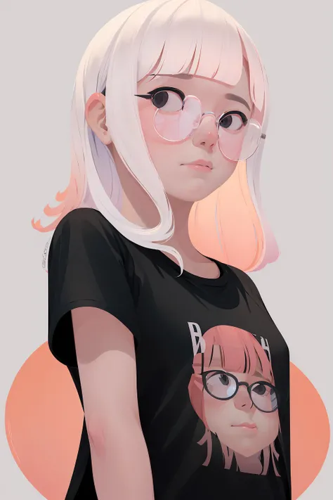 pastel color, 
1girl, solo, long hair, looking at viewer, simple background, shirt, upper body, pink hair, glasses, blunt bangs, black eyes, red background, round eyewear, orange background,
flat color , <lora:choomoranma-04:0.95>