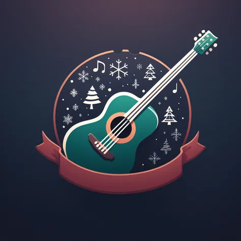 a green guitar with a ribbon around it and snowflakes around it