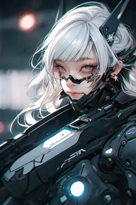 gothpunk, robot, 1girl, solo, walking in Harajuku, (bokeh, neon light:1.2), white eyebrows, glowing hair, (iridescent white hair), earrings, bangs, jewellery, mask, blunt bangs, (iridescent eyes, glowing eyes, green eyes, mouth mask), blurry background, bl...