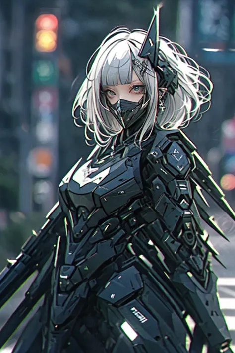 gothpunk, robot, 1girl, solo, walking in Harajuku, (bokeh, neon light:1.2), white eyebrows, glowing hair, (iridescent white hair), earrings, bangs, jewellery, mask, blunt bangs, (iridescent eyes, glowing eyes, green eyes, mouth mask), blurry background, bl...