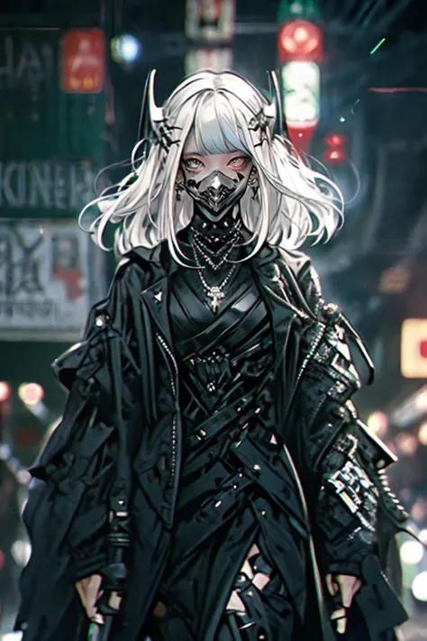 anime girl in black outfit walking down the street with a mask on