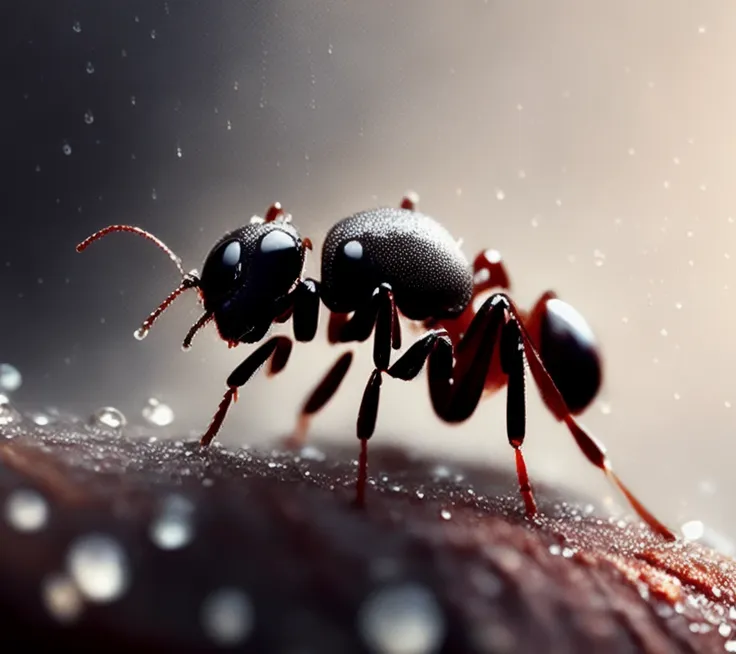 closeup angle of cute ant, covered in water droplets from rain, a detailed painting, cgsociety, detailed painting, artstation hd...