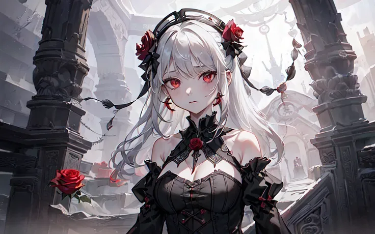 (best quality, masterpiece), (1girl, solo, black dress, standing , looking at viewer, white hair, red eyes, holding rose, upper ...