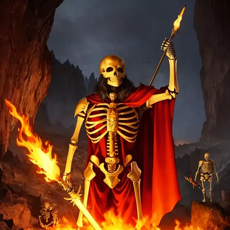 (best quality: 1.2), (masterpiece: 1.2), (realistic: 1.2), (skeleton) holding a flaming spear, old and ragged cape, (dark cave i...