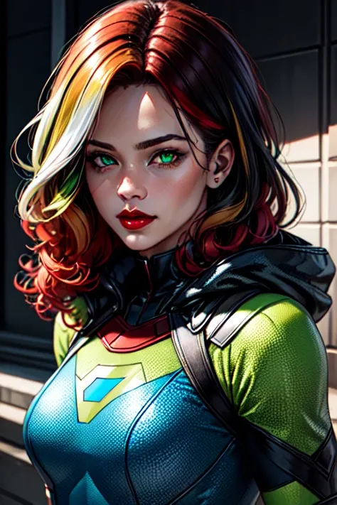 25D_Loras, masterpiece, best quality, 1girl, red lips, solo, green eyes, green and yellow body suit, curly hair, multicolored hair, white hair, auburn hair, two-tone hair,ombre , Rogue of the X-men, Anna Lebeau, bangs, hood, side lighting, skiny skin, supe...