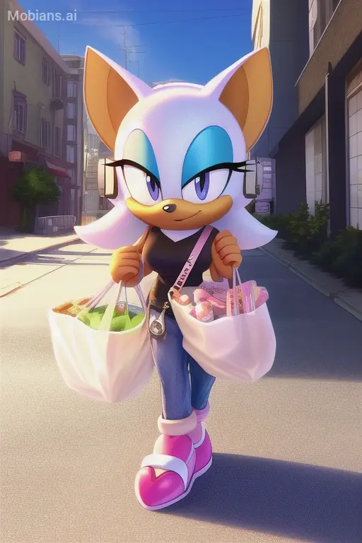 rouge the bat, full body, headphones, casual clothes, city, street, day, bags, groceries, masterpiece, soft lighting, very detai...