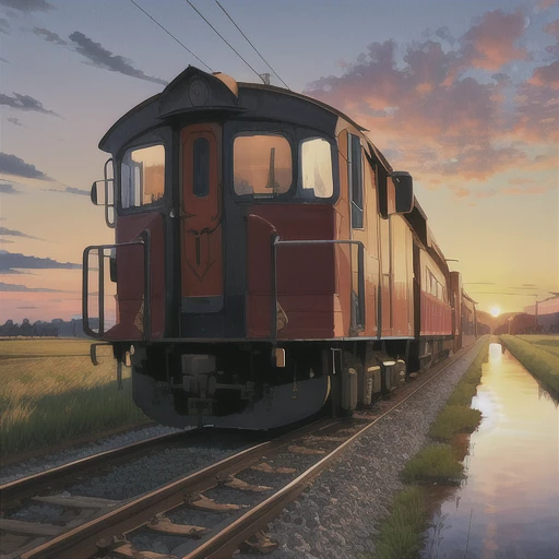 (side view) of a victorian train on a railroad, rails, sunrise, [[puddle of water]], open field