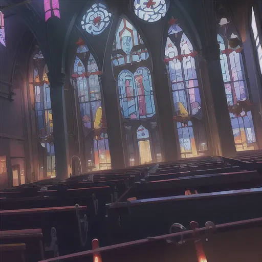 full view of urban church, glass windows, dim lights, (shadows:1.1), (((dark)))