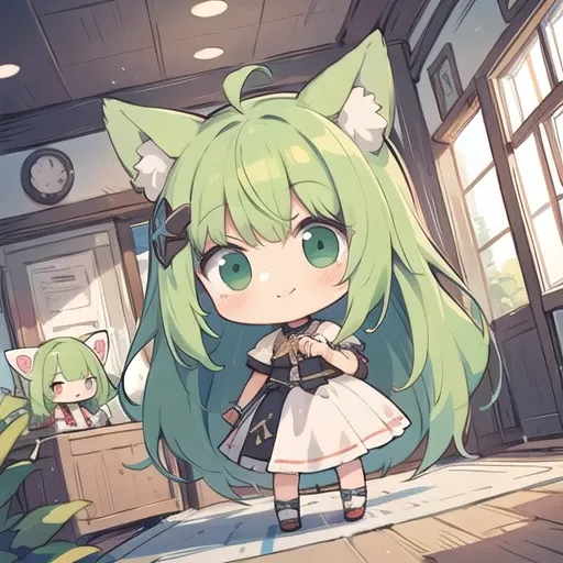 anime girl with green hair and green ears in a room