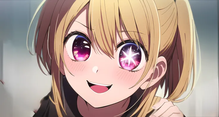 anime girl with purple eyes and blonde hair smiling