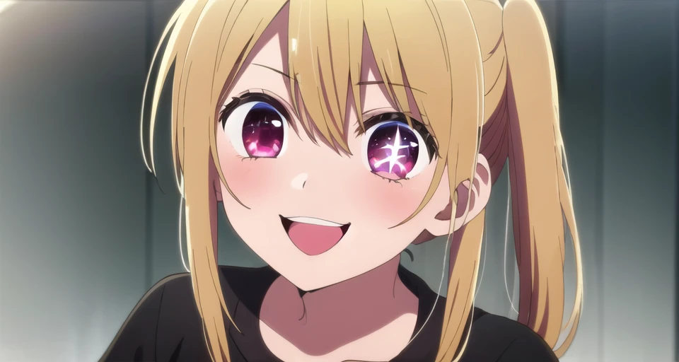 anime girl with blonde hair and purple eyes smiling at camera